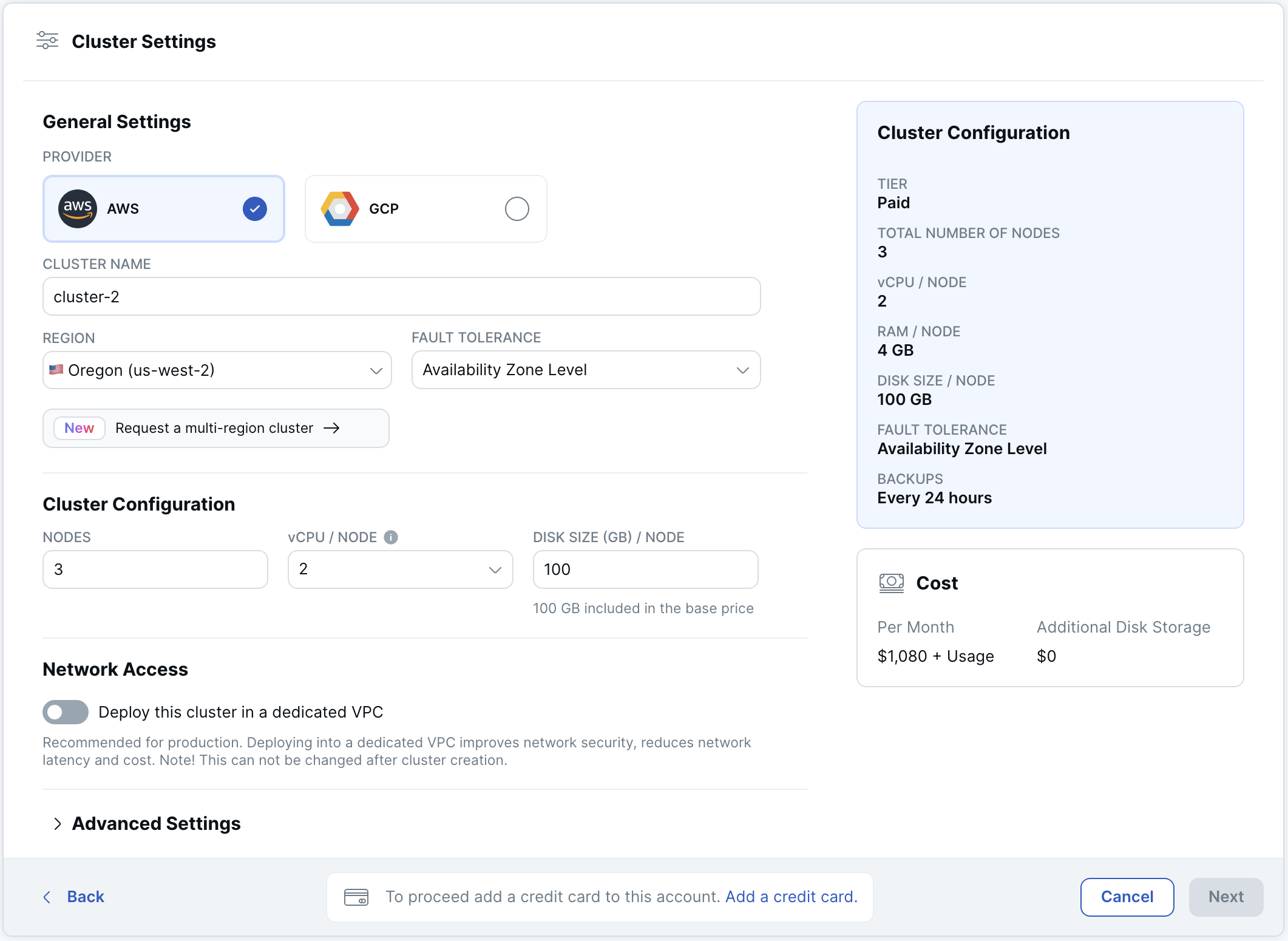 Add Cluster Wizard - Cluster Settings