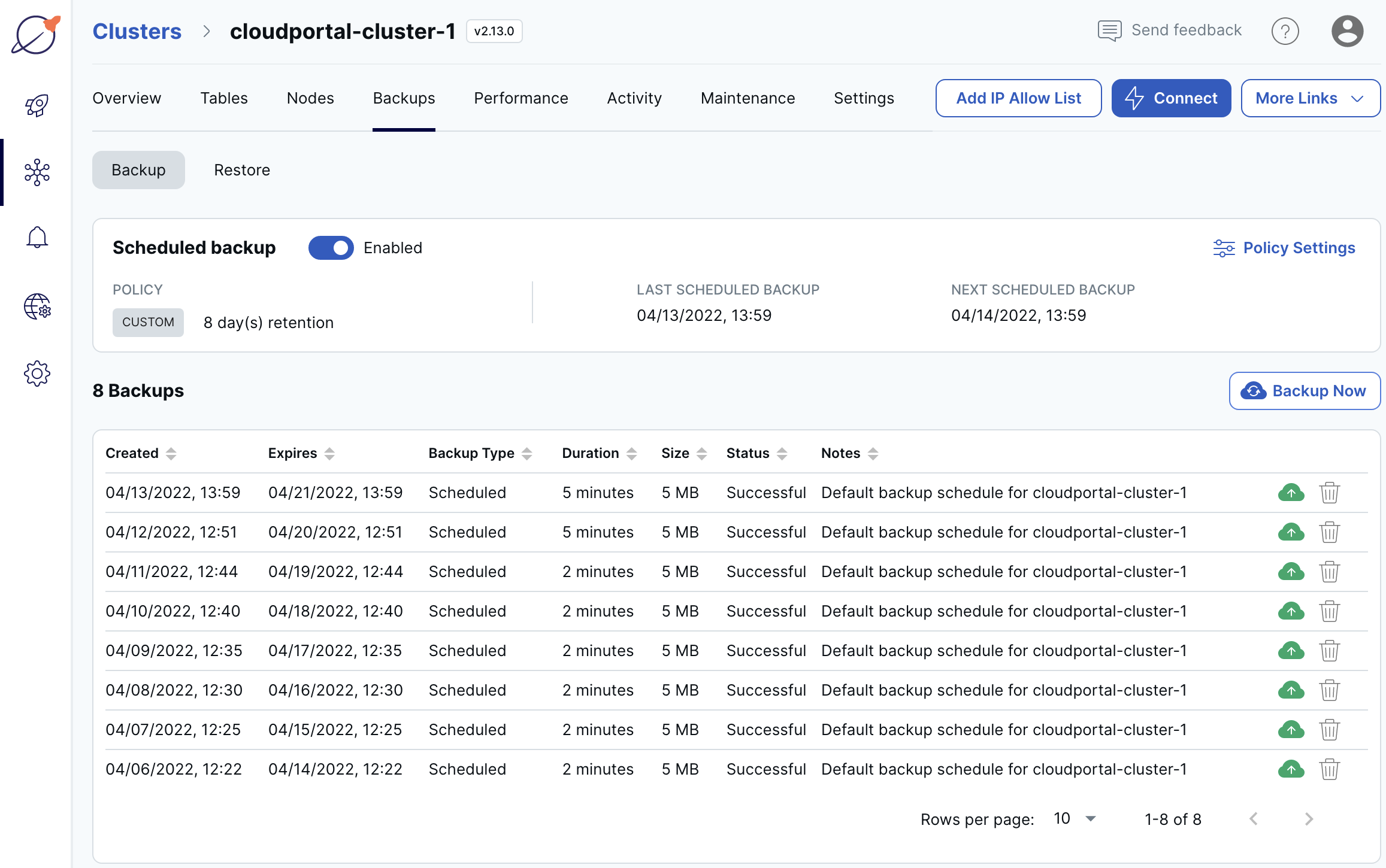Cluster Backups page