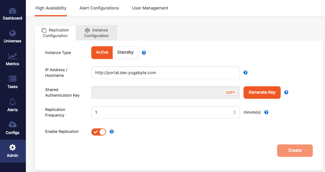 Replication configuration tab